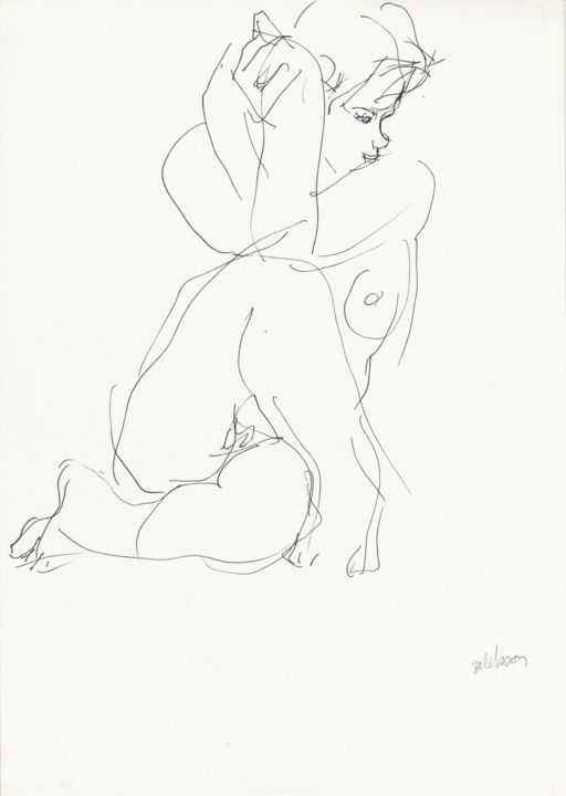 Dibujo titulada "E40 Femme Nue Assise" por Amos Zelikson, Obra de arte original, Tinta