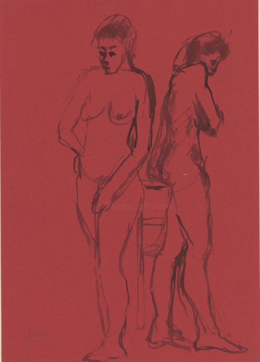 Disegno intitolato "E42 Deux Femmes Nue…" da Amos Zelikson, Opera d'arte originale, Inchiostro
