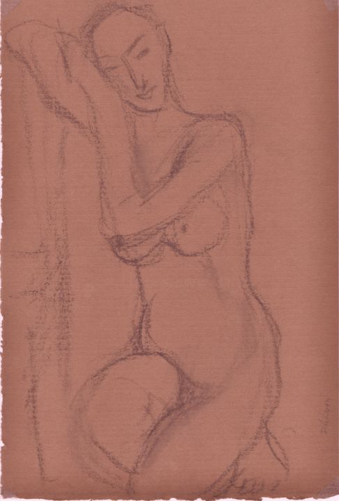 Disegno intitolato "F02 Femme Nue Adoss…" da Amos Zelikson, Opera d'arte originale, Carbone