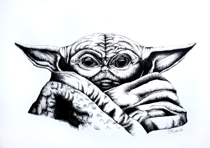 Drawing titled "Baby Yoda" by Petya Shopova, Original Artwork, Ink