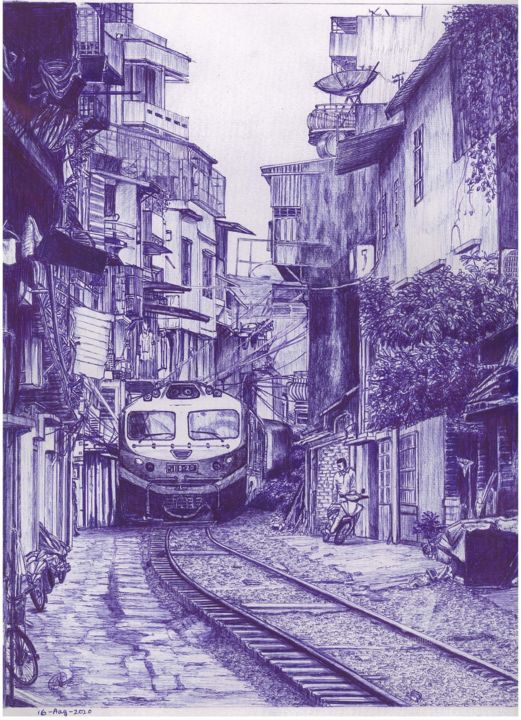 "Hanoi Train Street,…" başlıklı Resim Shorove tarafından, Orijinal sanat, Tükenmez kalem