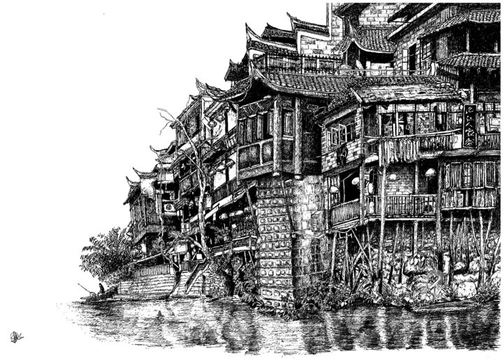 Рисунок под названием "Old houses in Fengh…" - Shorove, Подлинное произведение искусства, Чернила
