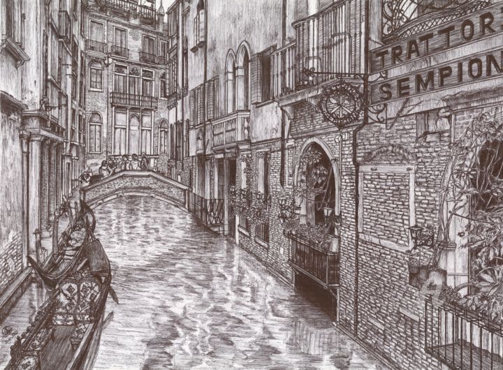 Drawing titled "Venice Italy" by Shorove, Original Artwork, Ballpoint pen
