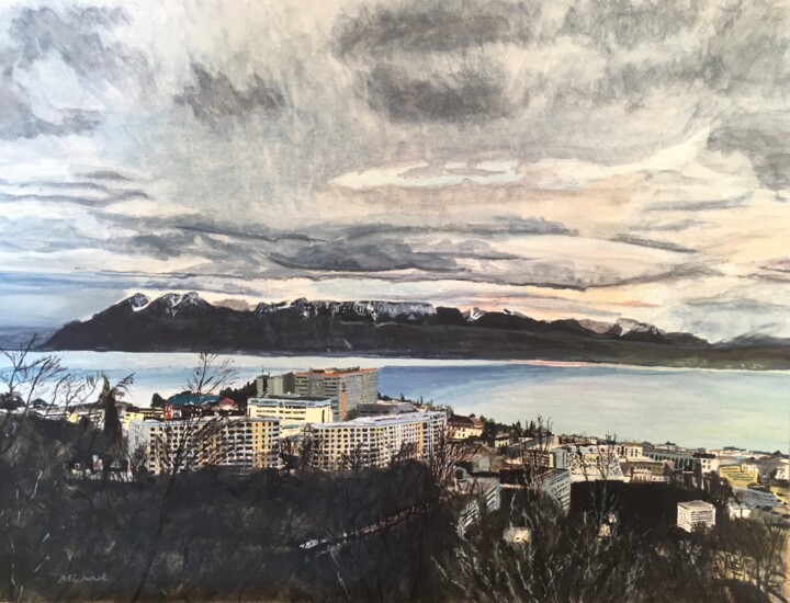 Painting titled "Lausanne from Sauva…" by Shoujie Sun, Original Artwork, Watercolor