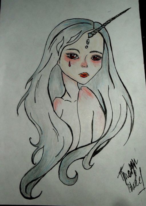 Drawing titled "deva/sad" by Vasilisa Pro, Original Artwork, Ballpoint pen