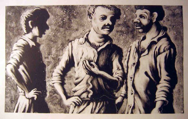 Printmaking titled "three workers" by Yury Shtapakov, Original Artwork
