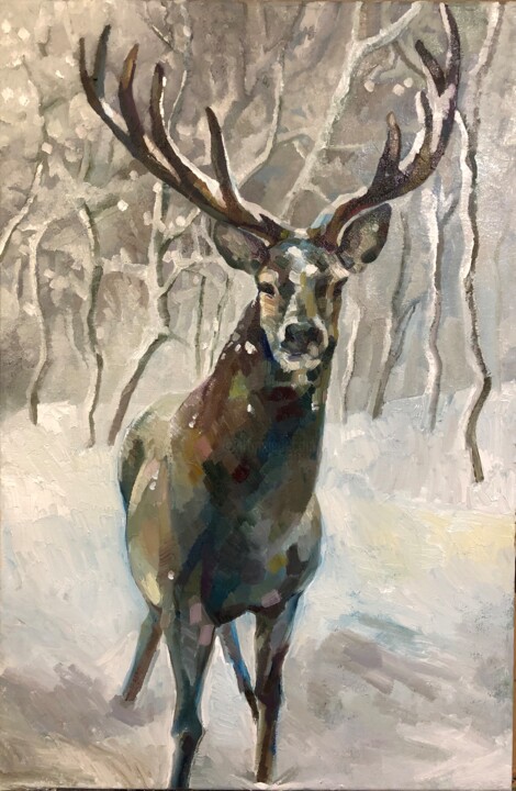 Painting titled "Cerf" by Shuang Gao, Original Artwork, Oil