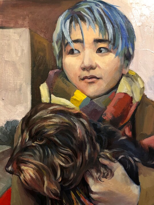 Peinture intitulée "La fille et le chien" par Shuang Gao, Œuvre d'art originale, Huile