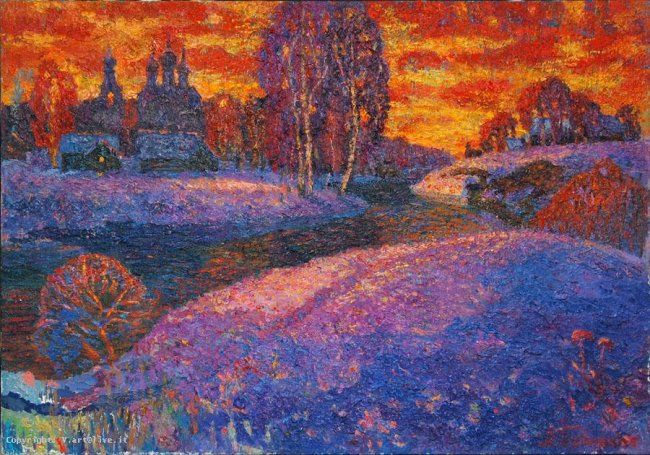 Картина под названием "Sunset by the river…" - Shubnikov, Подлинное произведение искусства, Масло