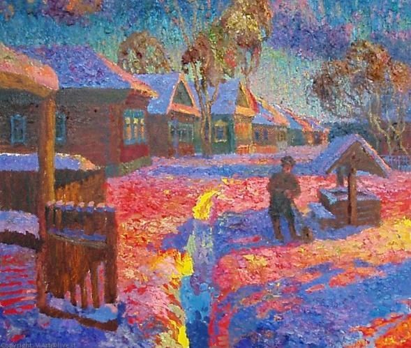 Painting titled "Village street / Де…" by Shubnikov, Original Artwork, Oil