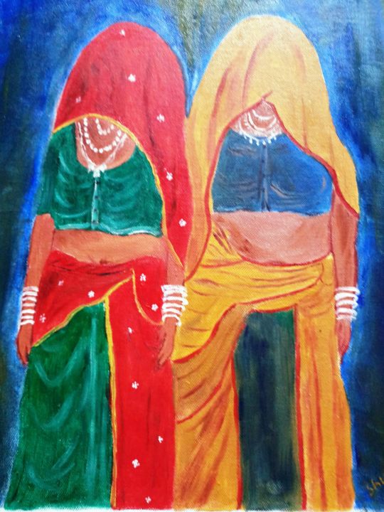 Pintura titulada "Rajasthani women" por Shuchita Srivastava, Obra de arte original, Oleo
