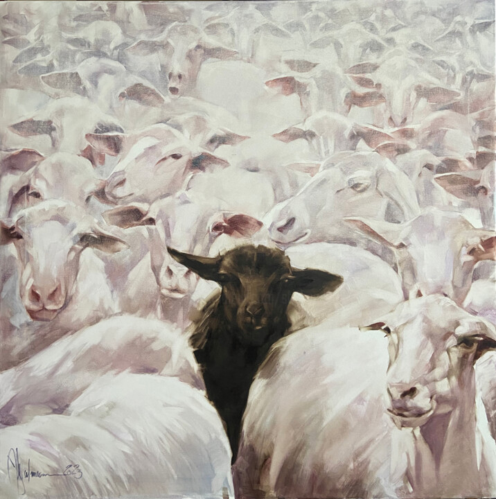 Painting titled "Black sheep." by Shulman, Original Artwork, Oil Mounted on Wood Stretcher frame