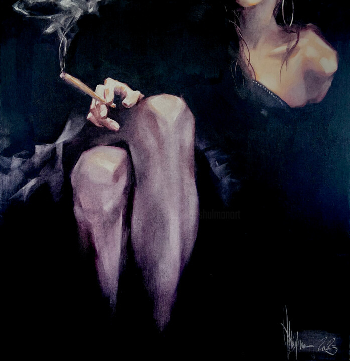 Painting titled "Night joint." by Shulman, Original Artwork, Oil Mounted on Wood Stretcher frame