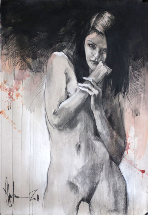 Tekening getiteld "Nude # 341" door Shulman, Origineel Kunstwerk, Krijt