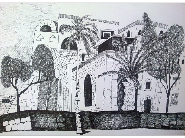 Yaffo - Drawing, 33x46 cm ©2013 by Janna Shulrufer שולרופר -
Black and White, drawing, Yaffo, urban landscape