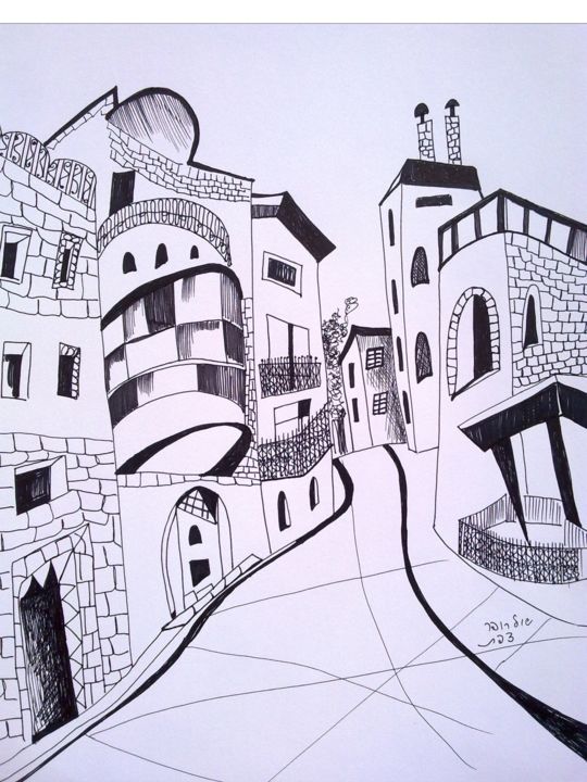 street in Safed - Drawing, 34.5x24.5 cm ©2017 by Janna Shulrufer שולרופר -
Expressionism, Paper, Cities, Places, pen, paper, linen drawinr