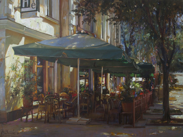 Painting titled "'Cafe on the Deriba…" by Andrii Shumskyi, Original Artwork, Oil
