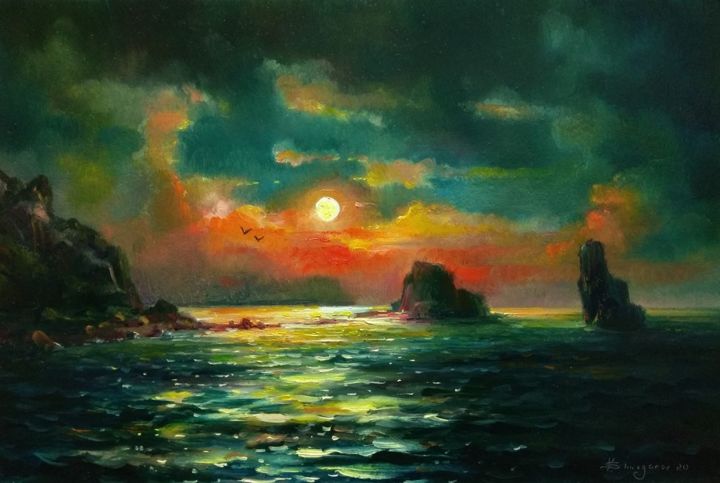 Malerei mit dem Titel "Moon Night at Sea" von Vladislav Shurganov, Original-Kunstwerk, Öl