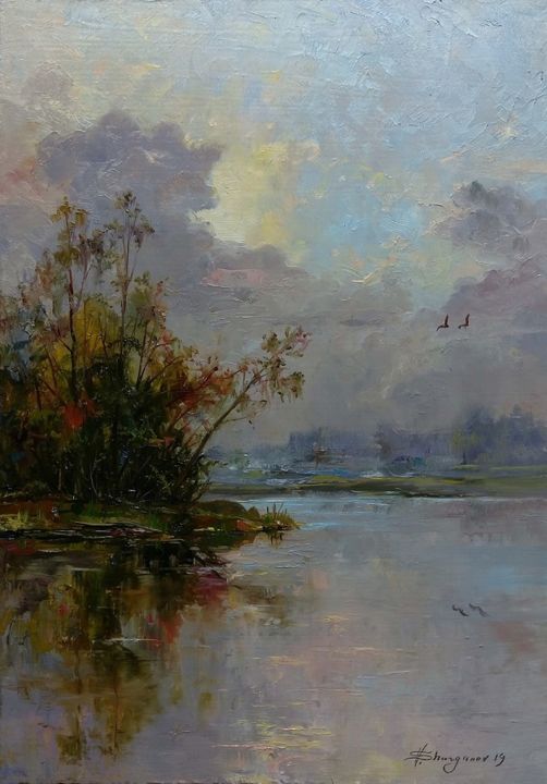 Painting titled "Evening silence" by Vladislav Shurganov, Original Artwork, Oil