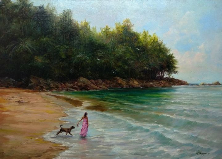 Pittura intitolato ""Walk on the sea sh…" da Vladislav Shurganov, Opera d'arte originale, Olio