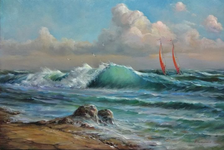Malarstwo zatytułowany „"Stormy Sea"” autorstwa Vladislav Shurganov, Oryginalna praca, Olej