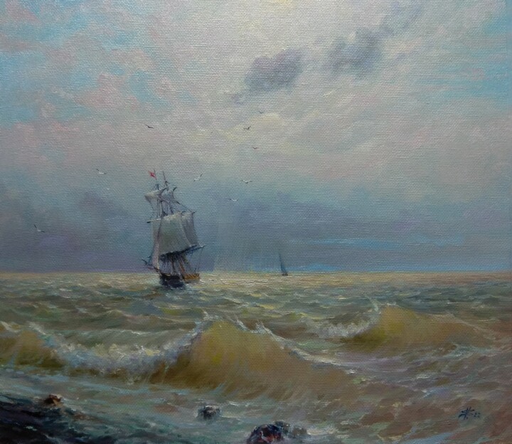 Malarstwo zatytułowany „"Ship off the coast"” autorstwa Vladislav Shurganov, Oryginalna praca, Olej