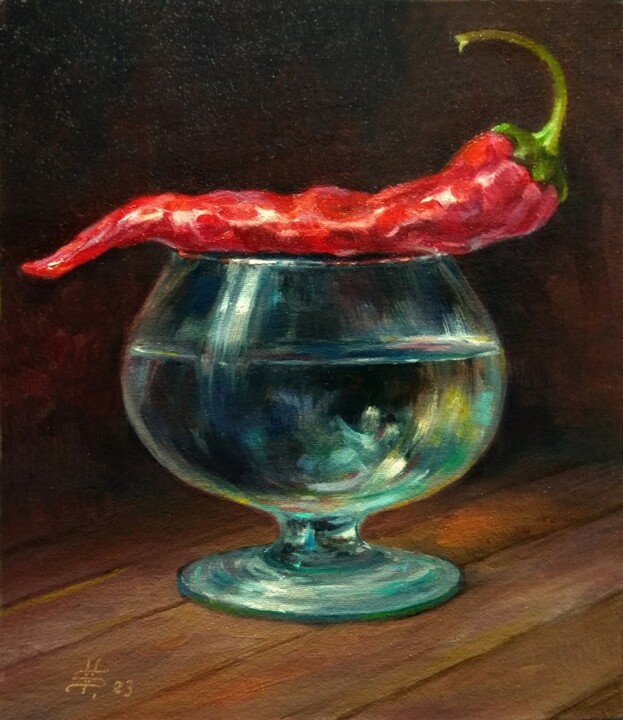 Malarstwo zatytułowany „"Water and Chili Pe…” autorstwa Vladislav Shurganov, Oryginalna praca, Olej