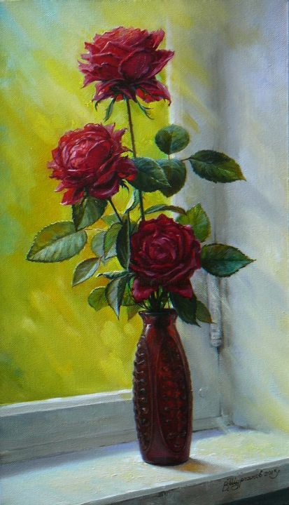 「Розы на подоконнике」というタイトルの絵画 Vladislav Shurganovによって, オリジナルのアートワーク, オイル