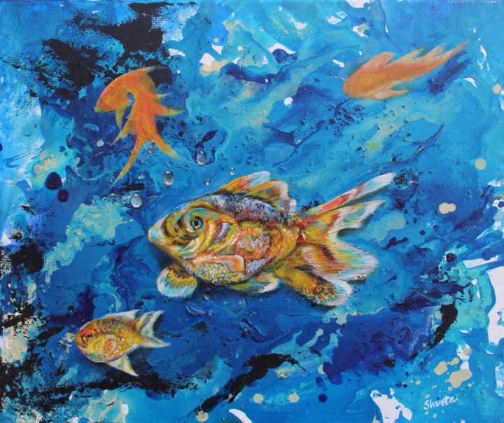 Malerei mit dem Titel "Goldfish" von Shveta Saxena, Original-Kunstwerk, Acryl