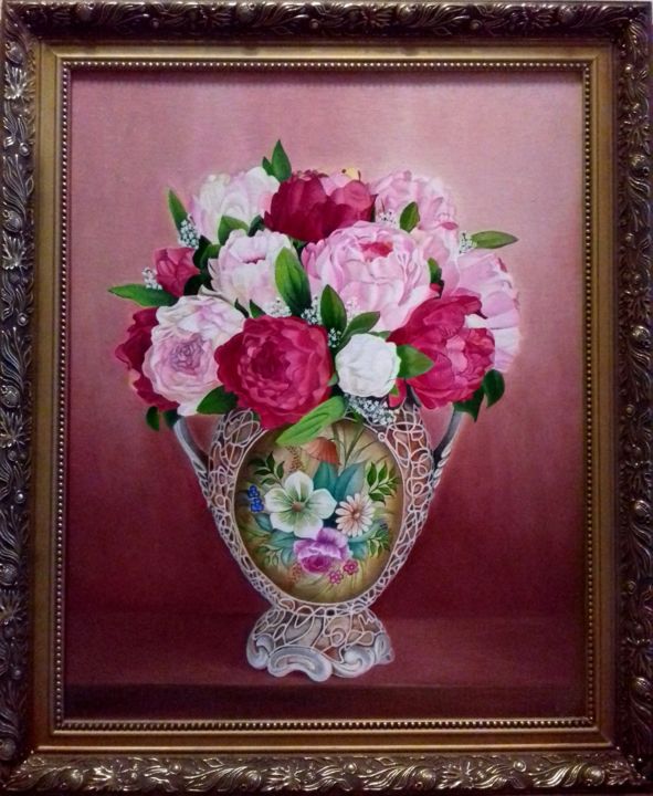 Painting titled "Peonies in a vase" by Tetiana Shvets, Original Artwork, Oil
