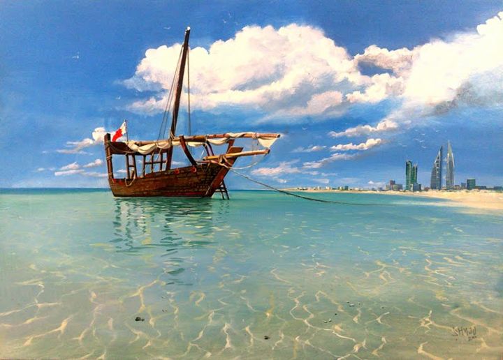 Pittura intitolato "bahrain fishing boa…" da Shyju Kolikkandi, Opera d'arte originale