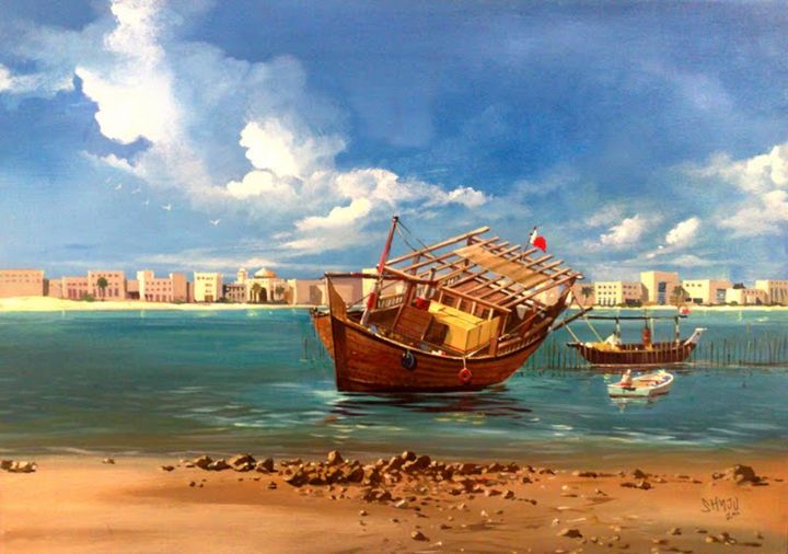 Peinture intitulée "bahrain fishing boa…" par Shyju Kolikkandi, Œuvre d'art originale