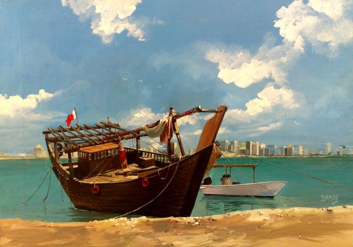 Pittura intitolato "bahrain fishing boa…" da Shyju Kolikkandi, Opera d'arte originale