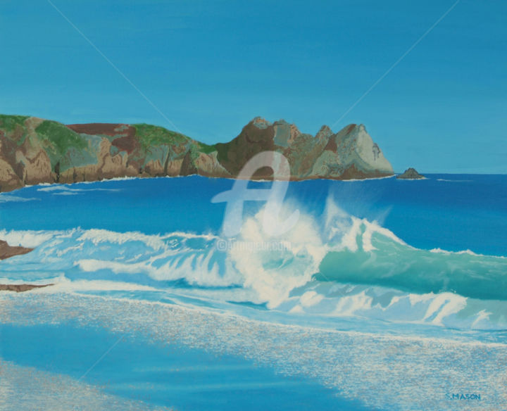 Painting titled "Porthcurno wave" by Si-Trade, Original Artwork, Oil