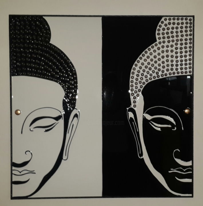 Painting titled "DUO LORD BUDDHA Bla…" by Max Rubio, Original Artwork, Stained glass painting Mounted on Wood Panel