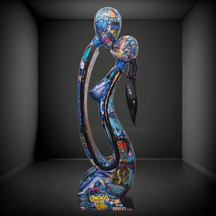 Escultura intitulada "Le baiser bleu" por Siberil Rey, Obras de arte originais, Madeira