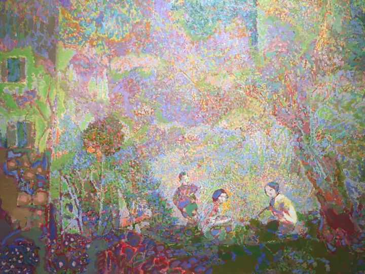 Malerei mit dem Titel "Childrens in forest" von Jorgji Gjikopulli, Original-Kunstwerk, Öl