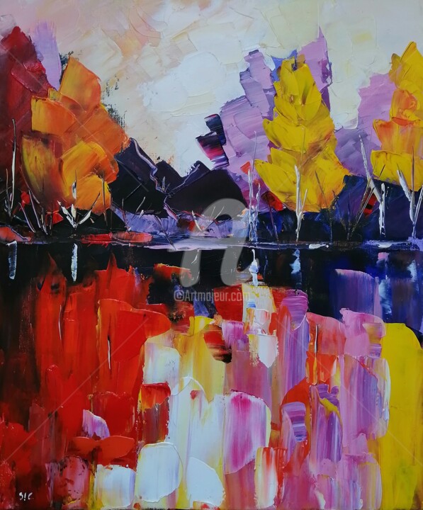 Painting titled "Automne aux reflets" by S!C, Original Artwork, Oil Mounted on Wood Stretcher frame