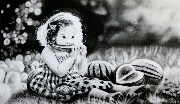 Drawing titled "Little She" by Siddhartha Patra, Original Artwork, Charcoal