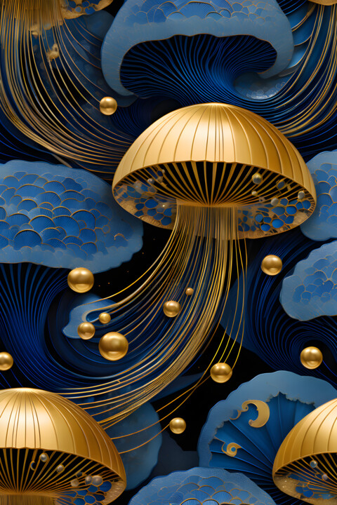 Digitale Kunst getiteld "Golden sea" door Sid, Origineel Kunstwerk, AI gegenereerde afbeelding