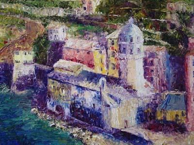 Painting titled "Church at Vernazza" by Sidney Moonchild, Original Artwork