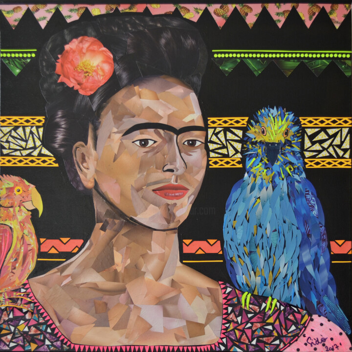 Colagens intitulada "Frida aux perroquets" por Sido Collages, Obras de arte originais