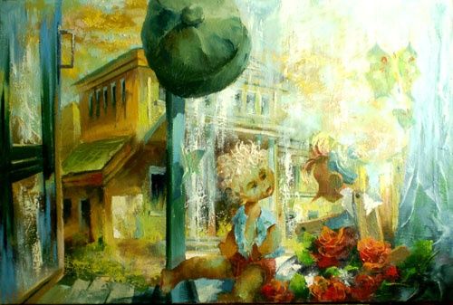 Картина под названием "Бабочки на окне" - Уголок России, Подлинное произведение искусства, Масло