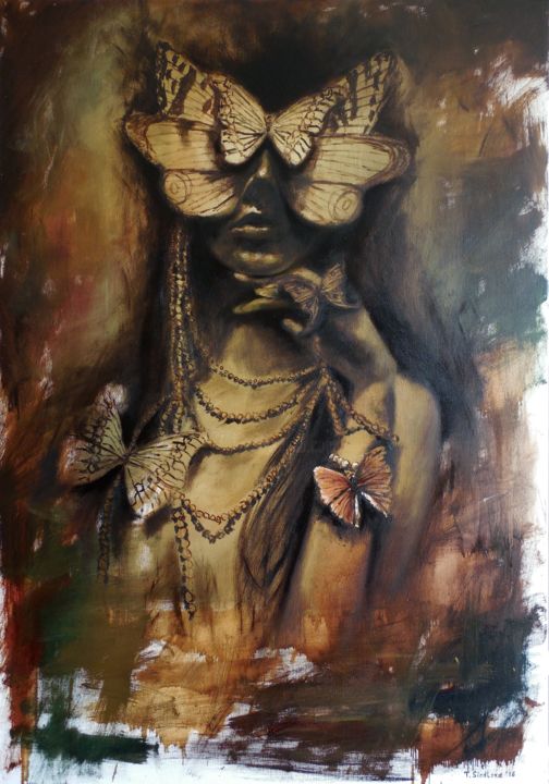 Peinture intitulée ""Butterfly girl"." par Tatiana Siedlova, Œuvre d'art originale, Huile