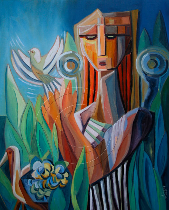 Pintura titulada "Entre Alas de Amor" por Dania Sierra, Obra de arte original, Oleo