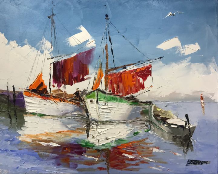 Peinture intitulée "Boat on a pier" par Signwriter, Œuvre d'art originale, Huile