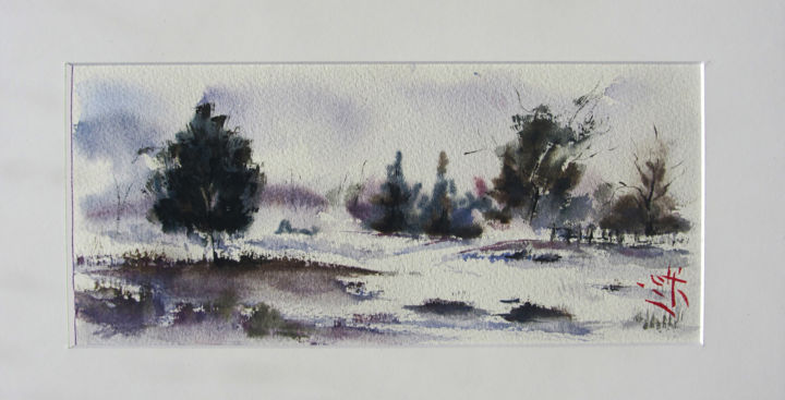 Painting titled "CAMPAGNE HIVERNALE" by Lisa, Original Artwork, Watercolor