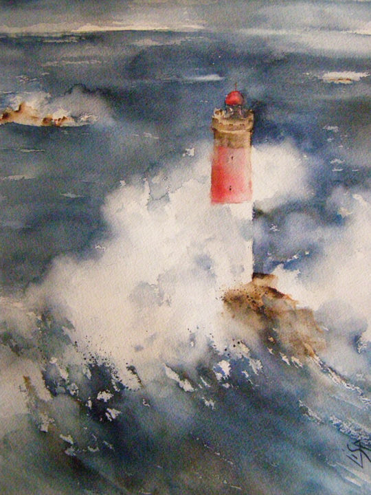 Painting titled "TEMPETE SUR LE PHAR…" by Lisa, Original Artwork, Watercolor