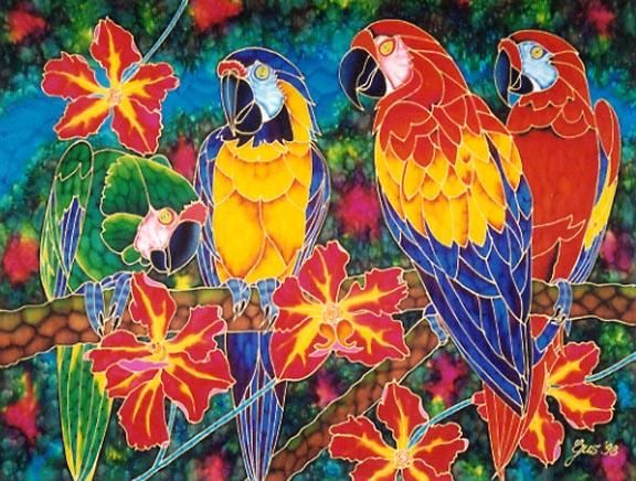 Painting titled "Tropical Birdlife" by Gus Butcher, Original Artwork, Oil