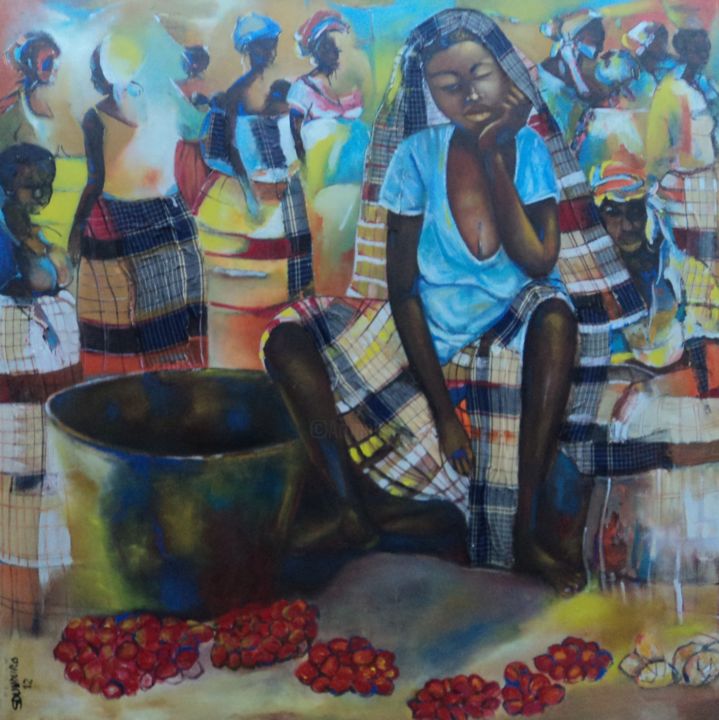 Pintura intitulada "Vendedeiras de Nham…" por Silva Dunduro, Obras de arte originais